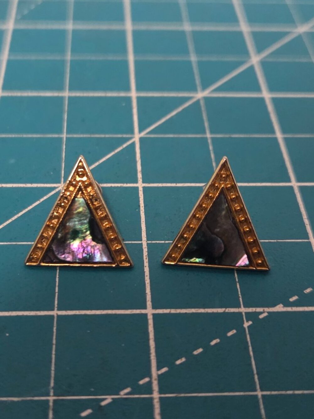 Vintage Duri Gold Tone Abalone Statement Pierced Earrings Signed Triangle